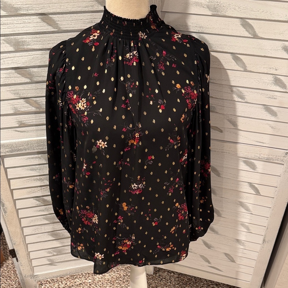 Floral Black Blouse with Beautiful gold thread accents size medium